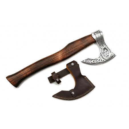 Ručně kovaná vikingská sekera Skegg s leptanými motivy a koženým pouzdrem