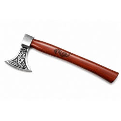 Ručně kovaná vikingská sekera Dragon Axe s leptanými severskými motivy a koženým pouzdrem