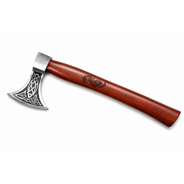Ručně kovaná vikingská sekera Dragon Axe s leptanými severskými motivy a koženým pouzdrem