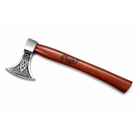 Ručně kovaná vikingská sekera Dragon Axe s leptanými severskými motivy a koženým pouzdrem