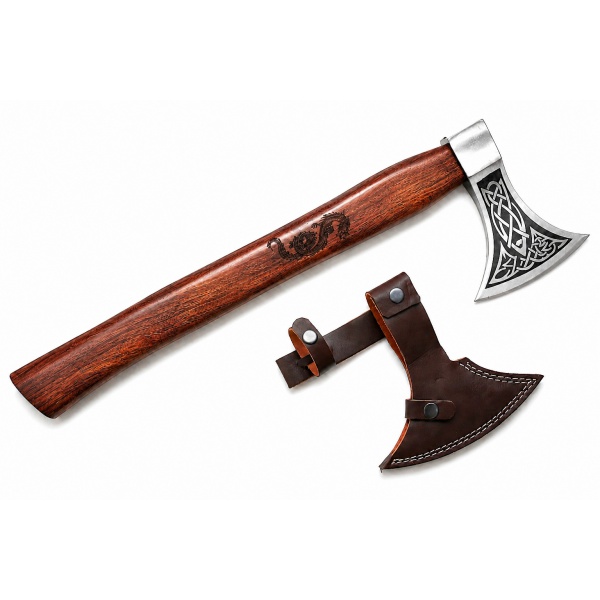 Ručně kovaná vikingská sekera Dragon Axe s leptanými severskými motivy a koženým pouzdrem