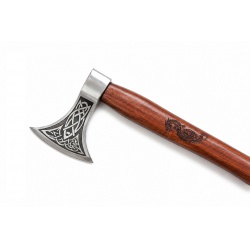 Ručně kovaná vikingská sekera Dragon Axe s leptanými severskými motivy a koženým pouzd (2)