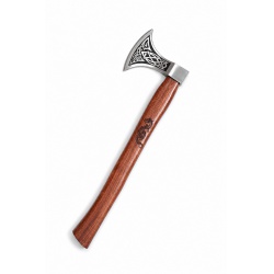 Ručně kovaná vikingská sekera Dragon Axe s leptanými severskými motivy a koženým pouzd (3)