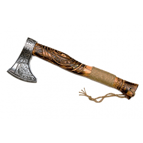 Ručně kovaná vikingská sekera Vegvísir s leptanými runovými motivy a koženým pouzdrem