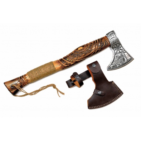 Ručně kovaná vikingská sekera Vegvísir s leptanými runovými motivy a koženým pouzdrem