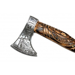 Ručně kovaná vikingská sekera Vegvísir s leptanými runovými motivy a koženým pouzdrem (2)